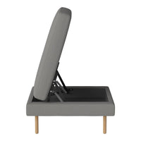 Gray fabric lift-top storage bed with minimalist design and light wood legs. Simple and modern aesthetic.
