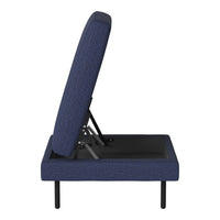 Navy blue upholstered seat with textured fabric and sleek black metal legs, showcasing modern design and comfort.