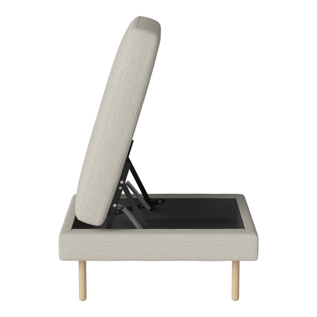 Light gray upholstered sofa bed with a minimalist design and natural wood legs. Adjustable backrest. Stylish and modern.