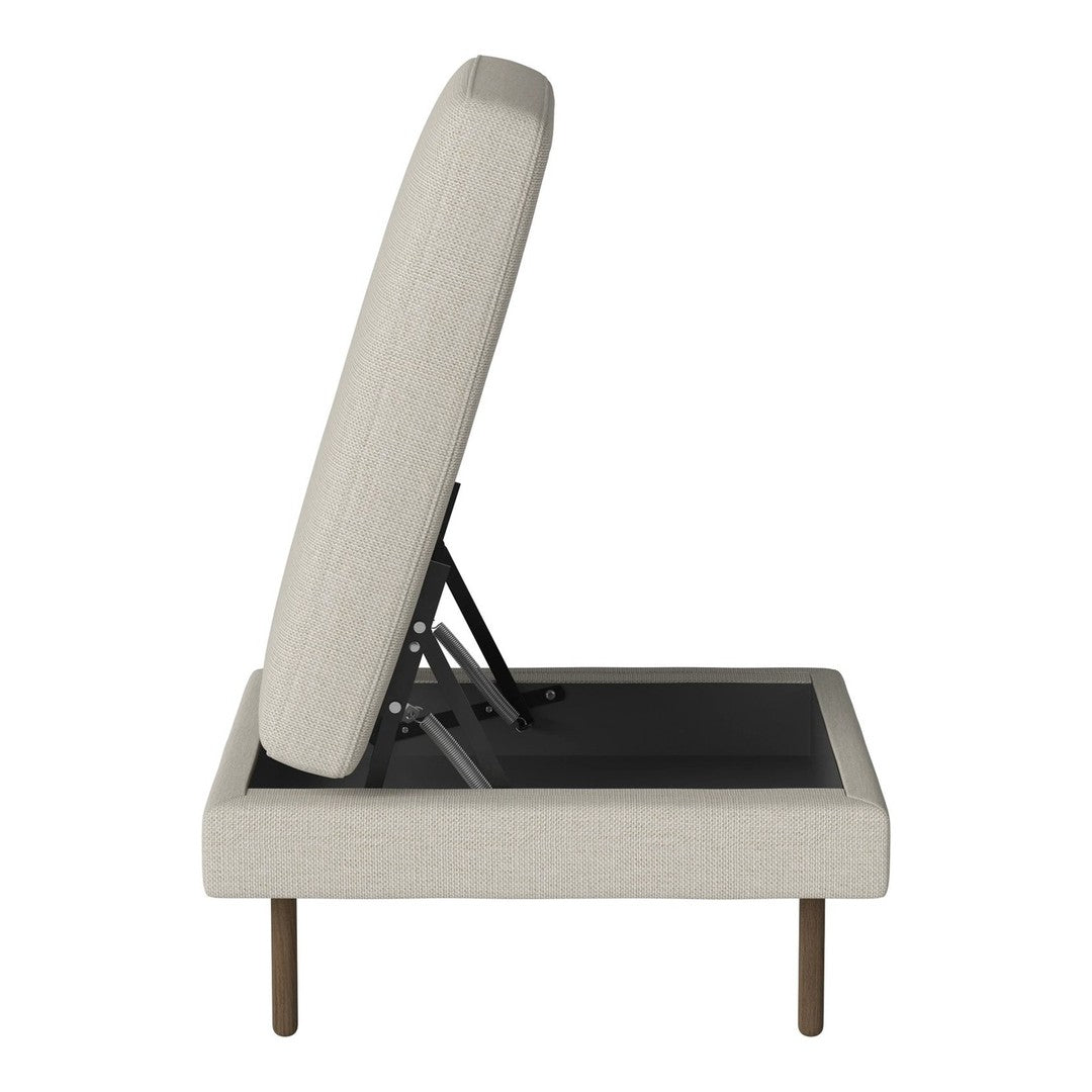 Modern beige upholstered sofa with a sleek design, featuring a clean-lined silhouette and simple wooden legs.