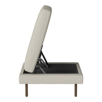 Modern beige upholstered sofa with a sleek design, featuring a clean-lined silhouette and simple wooden legs.