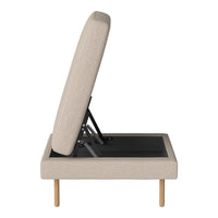 Beige upholstered lift-top ottoman with a modern design and minimalist wood legs, featuring a smooth fabric texture.
