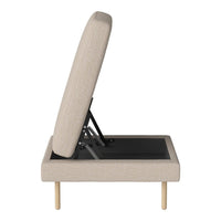 Beige fabric with a textured pattern, sleek black base, and wooden legs. Modern adjustable design for versatile seating.
