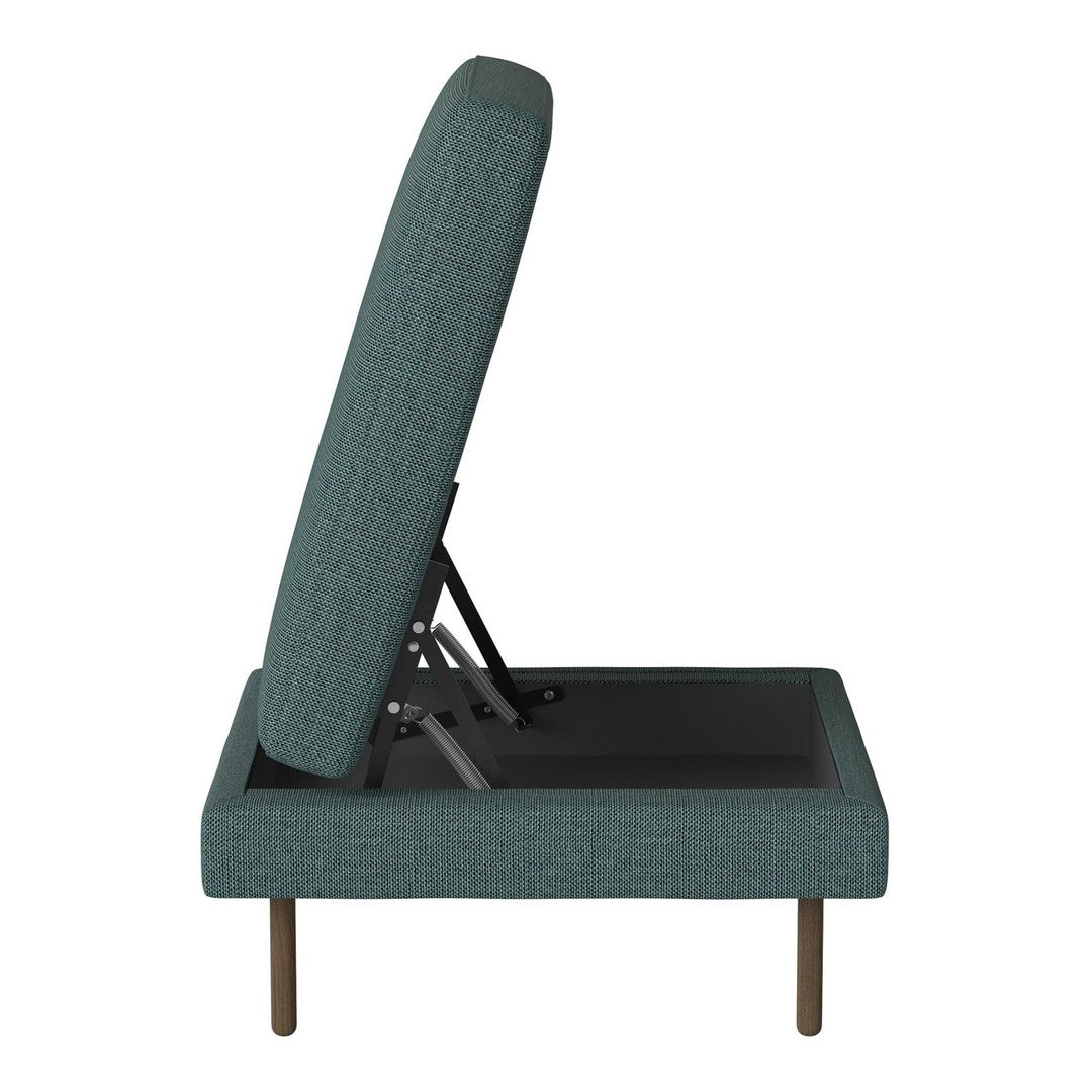 Teal upholstered lounge chair with a textured pattern and sleek wooden legs, featuring a reclining backrest.
