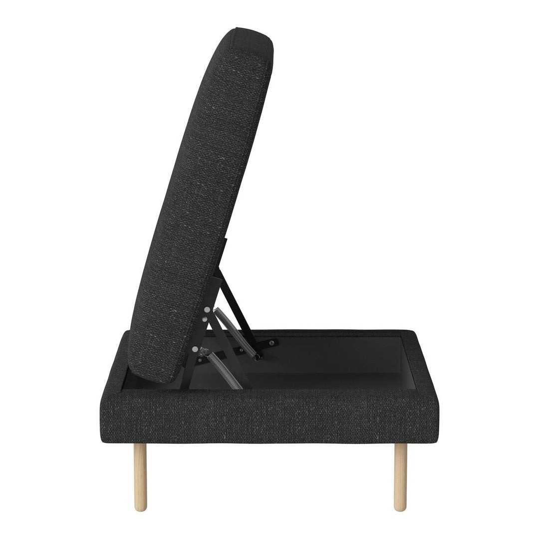 Gray textured fabric with a minimalist design, featuring light wooden legs and a simple, modern color palette.