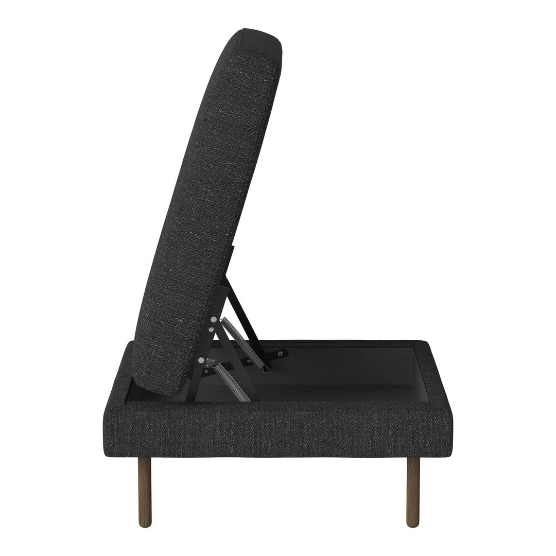 Stylish dark gray fabric lounge chair with a sleek modern design and subtle textured pattern.