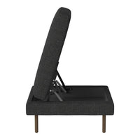 Stylish dark gray fabric lounge chair with a sleek modern design and subtle textured pattern.