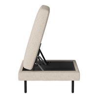 Beige fabric bed frame with clean lines, minimalist design, and metal legs, featuring a simple, contemporary aesthetic.