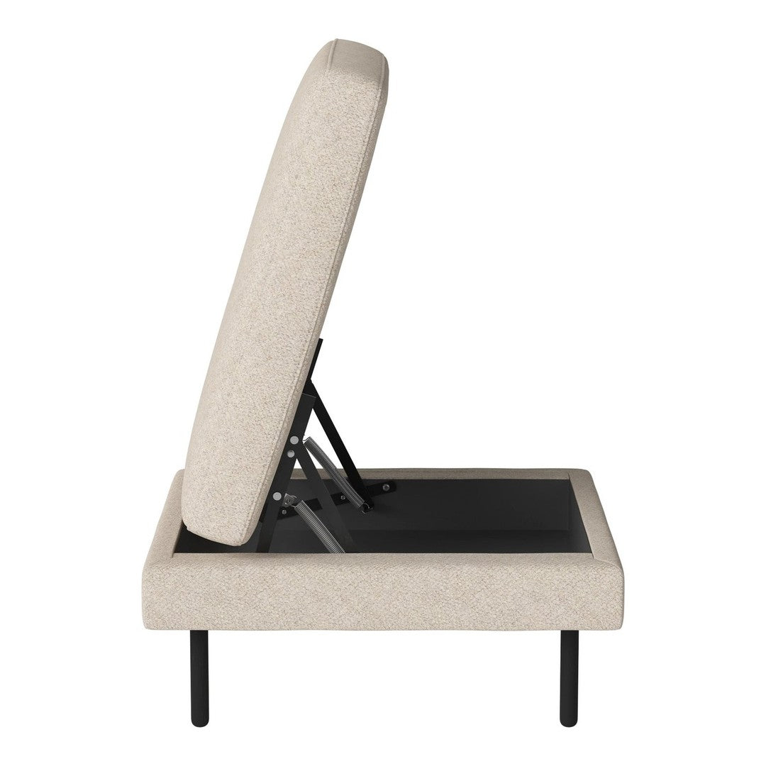 Beige upholstered sofa bed with clean lines and minimalist design, featuring a subtle textured pattern.