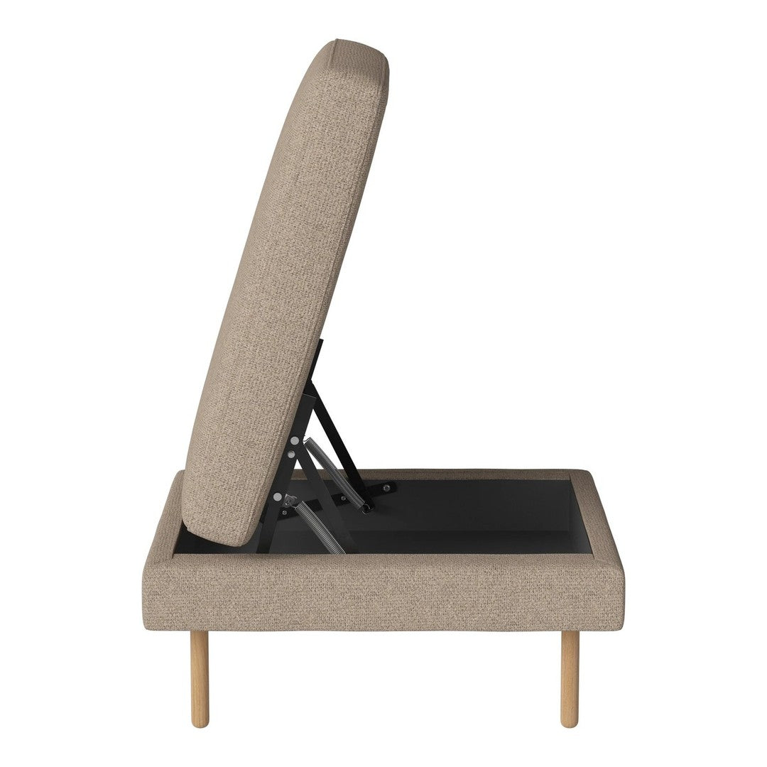 Stylish beige upholstered chair with a minimalist design and wooden legs, showcasing clean lines and a modern aesthetic.