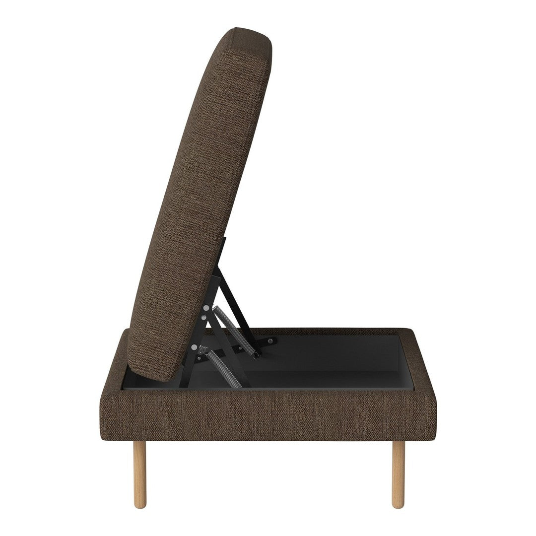 Brown fabric upholstery with a textured pattern, featuring wooden legs and a modern, minimalist design.