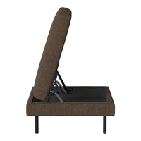 Brown upholstered futon with a sleek, minimalist design and a modern adjustable backrest.