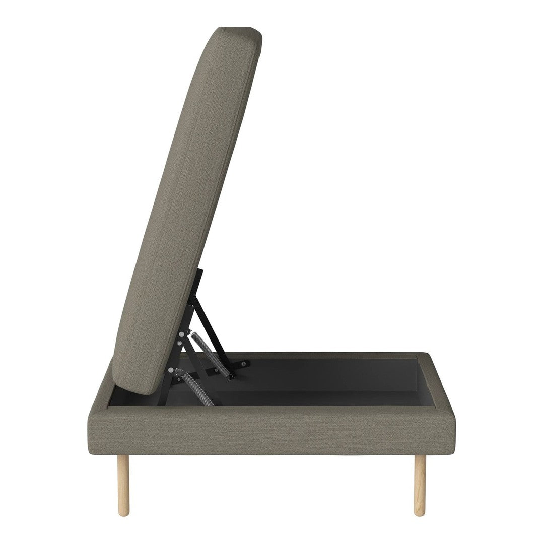 Gray upholstered bed frame with minimalist design and natural wood legs, featuring a sleek, modern pattern.