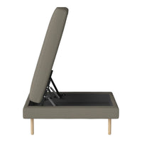 Gray upholstered bed frame with minimalist design and natural wood legs, featuring a sleek, modern pattern.