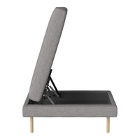 Gray upholstered frame with a subtle texture, wooden legs, and a sleek black base. Ideal for modern decor.