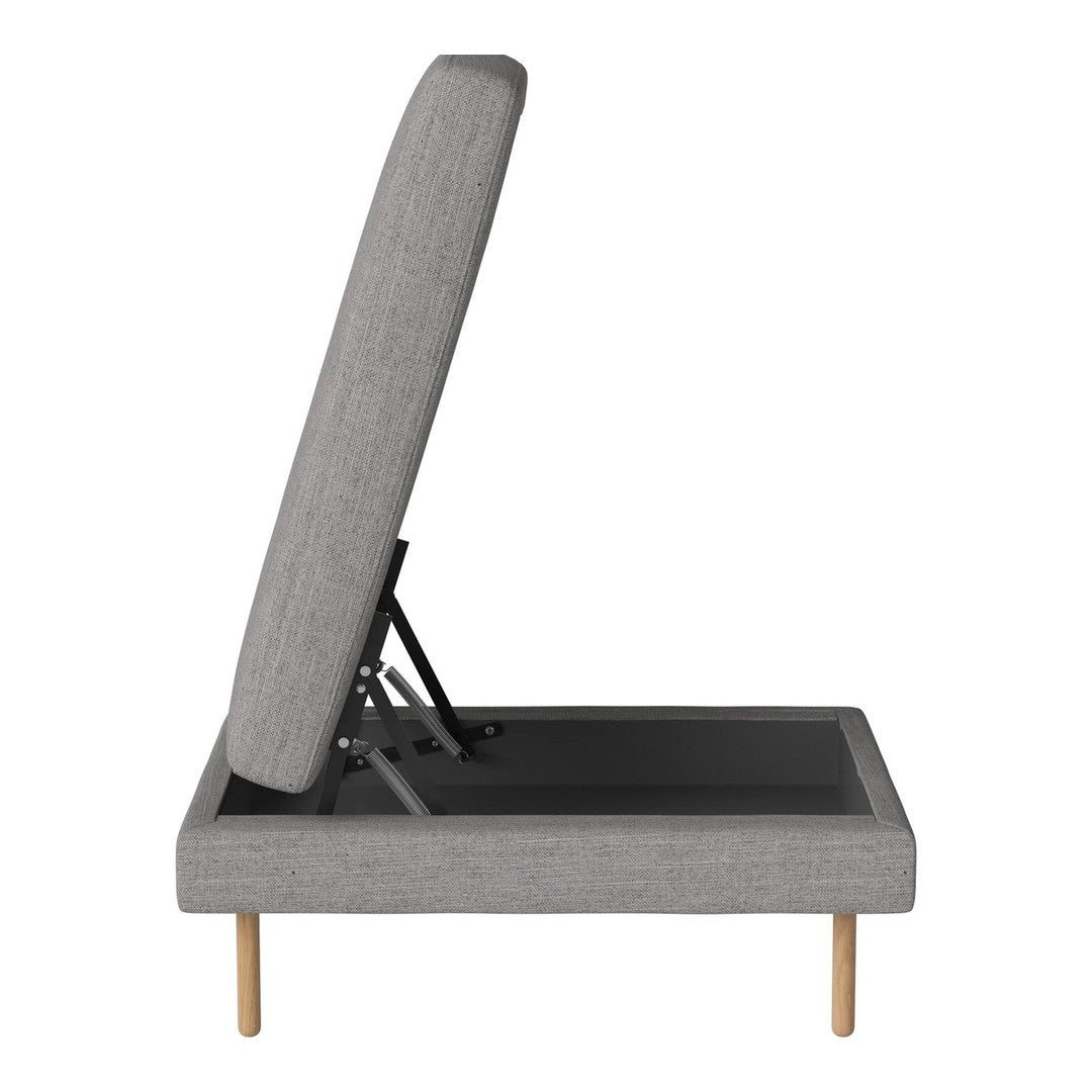 Grey fabric with a smooth texture, featuring minimalist design and light wood legs.