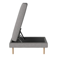 Grey fabric with a smooth texture, featuring minimalist design and light wood legs.