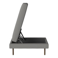Gray upholstered bed frame with a simple, modern design and sleek, minimalist lines. Perfect for contemporary decor.