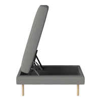 Gray upholstered bed frame with a straight, modern design and light wood legs. Simple, minimalist style.