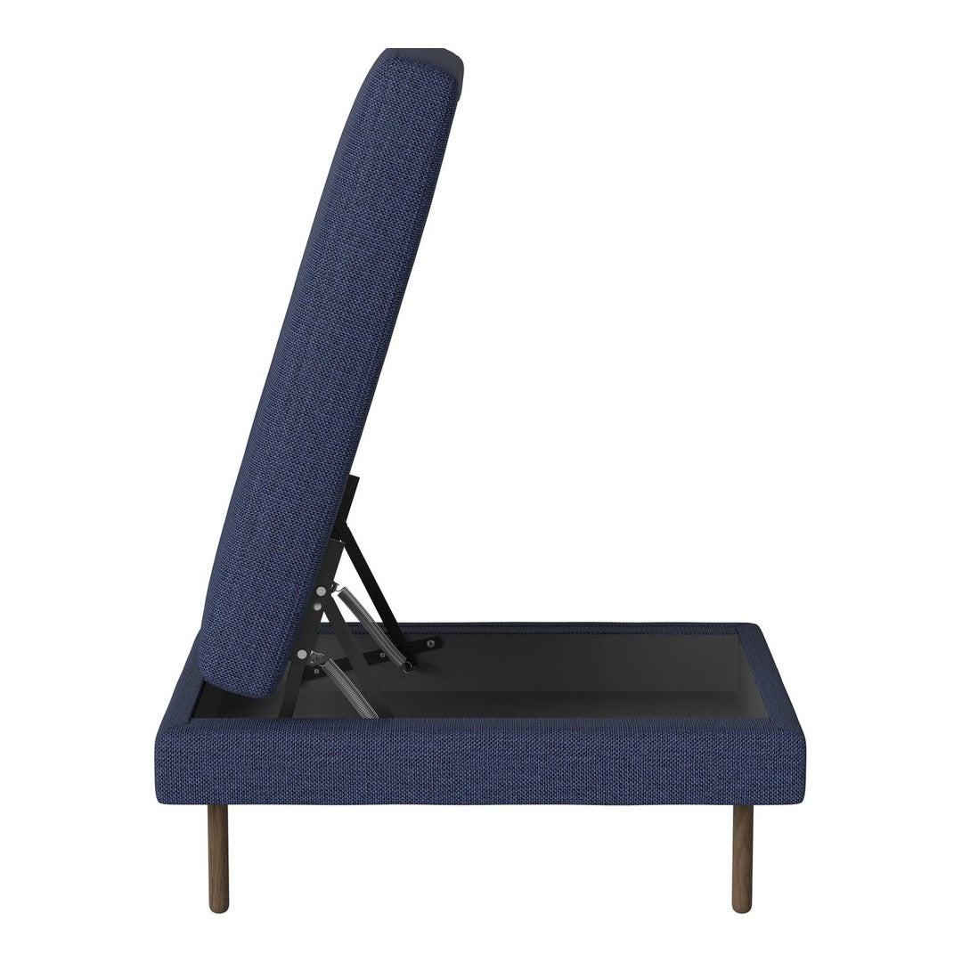 Navy blue upholstered frame with textured fabric and modern metal legs. Adjustable backrest feature for versatile use.