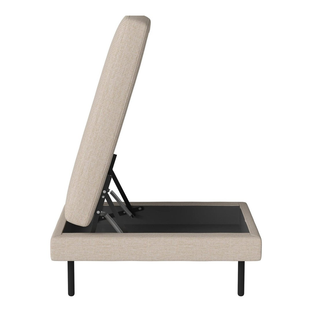Beige upholstered lift-top storage bed frame with a clean, modern silhouette and black base detail.