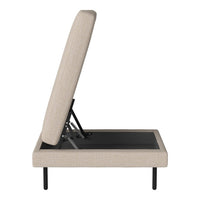 Beige upholstered lift-top storage bed frame with a clean, modern silhouette and black base detail.