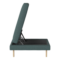 Teal upholstery with a textured pattern and natural wood legs, showcasing a modern, minimalist design.