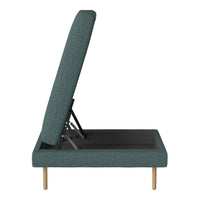 Green upholstered sofa bed with a textured pattern, featuring wooden legs and a sleek, modern design.