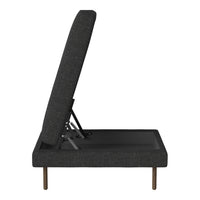 Dark grey upholstered bed frame with a sleek, minimalist design and a textured fabric pattern.