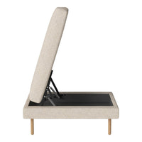 Beige upholstered storage bed with a lift-top design and wooden legs, featuring a minimalist style and neutral colors.
