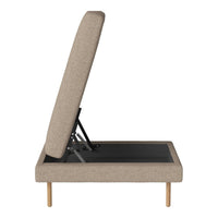 Beige upholstered sofa bed with a sleek, modern design and natural wood legs, showcasing a minimalist style.