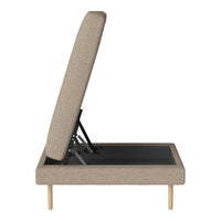 Beige upholstered bed frame with a minimalist design and wooden legs, showcasing a simple, modern aesthetic.