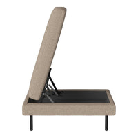 Beige upholstered bed frame with a clean, modern design and sleek black base, showcasing a minimalist style.