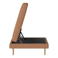 Brown textured upholstery with a simple, modern design featuring a sleek, black base and understated legs.