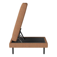 Brown upholstered bed frame with a textured pattern, featuring a sleek black base and minimalist design.