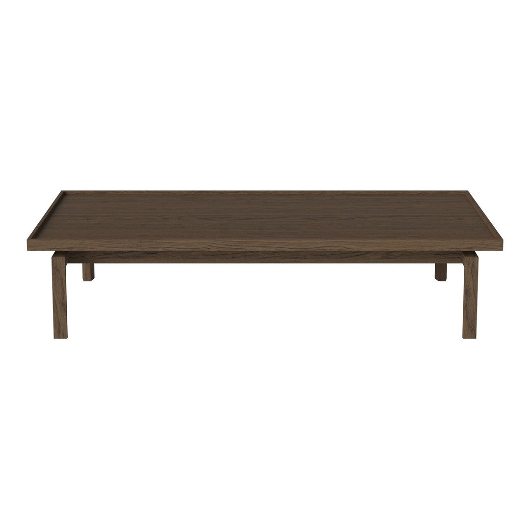 "Rectangle coffee table in a rich brown wood finish with a smooth, sleek surface and minimalist design."