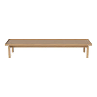 Natural wood coffee table with a smooth, light tan finish and minimalistic design. Perfect for modern decor.