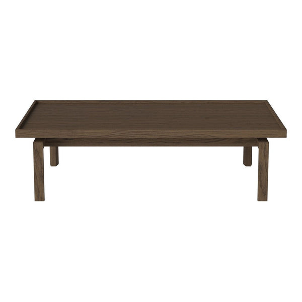 Dark brown wooden coffee table with a smooth, minimalist design and sleek, straight legs.