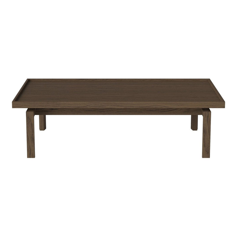 Dark brown wooden coffee table with a smooth, minimalist design and sleek, straight legs.