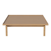 Square wooden coffee table with a light oak finish and a smooth, solid wood surface. Perfect for modern living spaces.