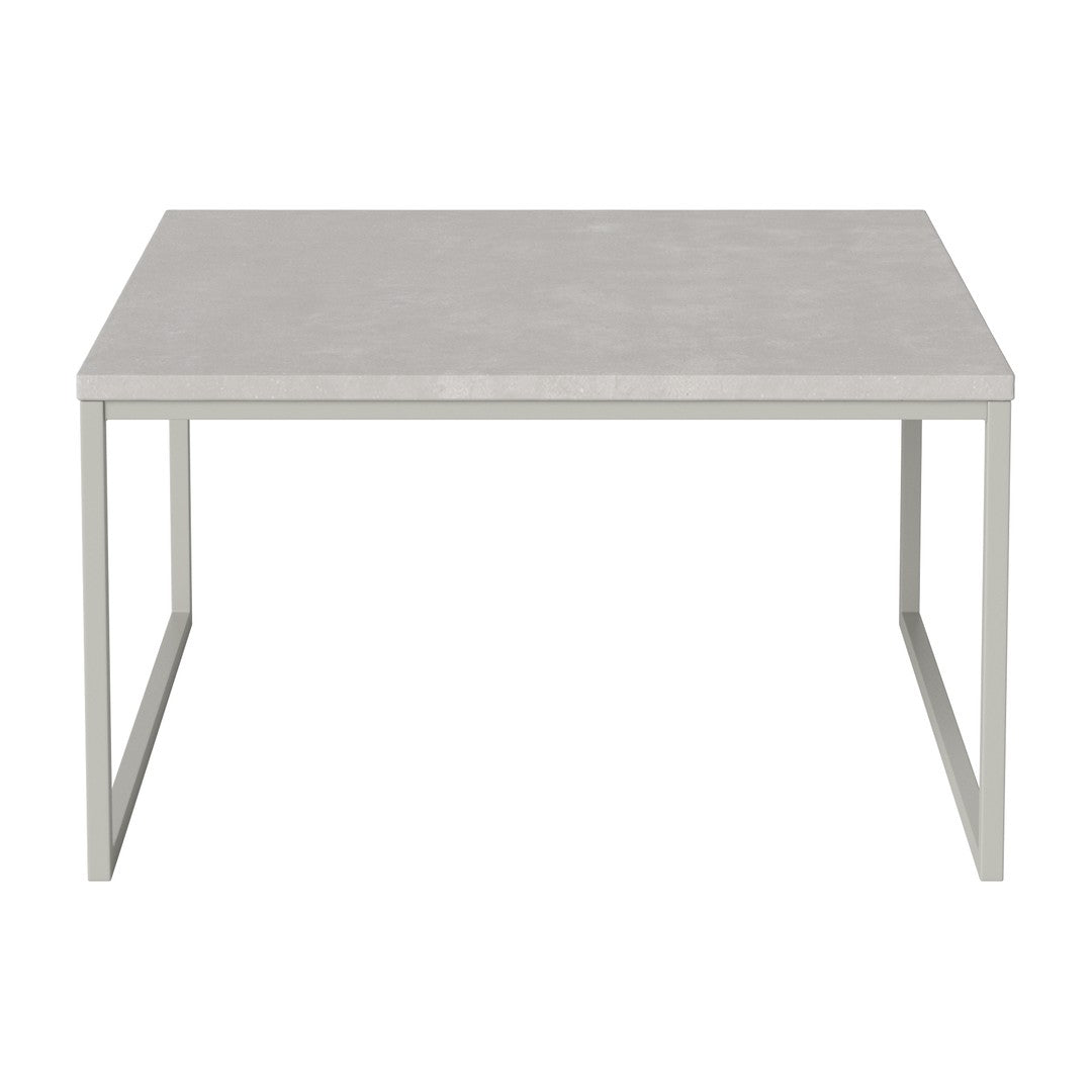 Square table with a smooth gray surface and a minimalist light gray metal frame, perfect for modern decor.