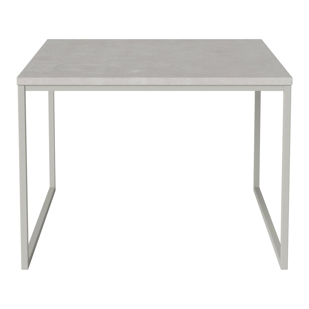 Modern gray table with a sleek, minimalist design and a smooth surface, complemented by a light metal frame.