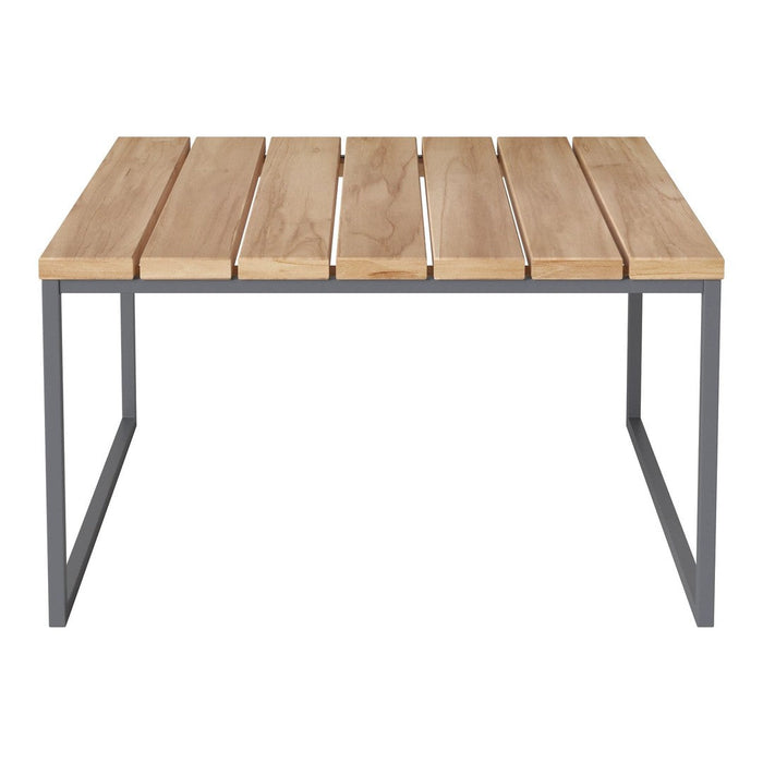 Natural wood slats with a light honey finish on a sleek gray metal frame, minimalist design, and clean lines.