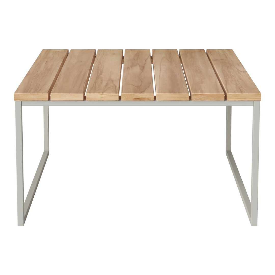 Light wood slatted tabletop with a sleek silver metal frame, perfect for modern outdoor or indoor settings.