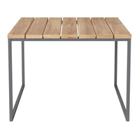 Natural wood tabletop with a sleek gray metal frame, featuring a simple slatted design.