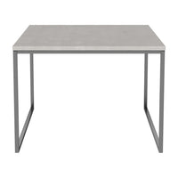 Gray concrete table with a modern silver metal frame, featuring a sleek, minimalistic design.