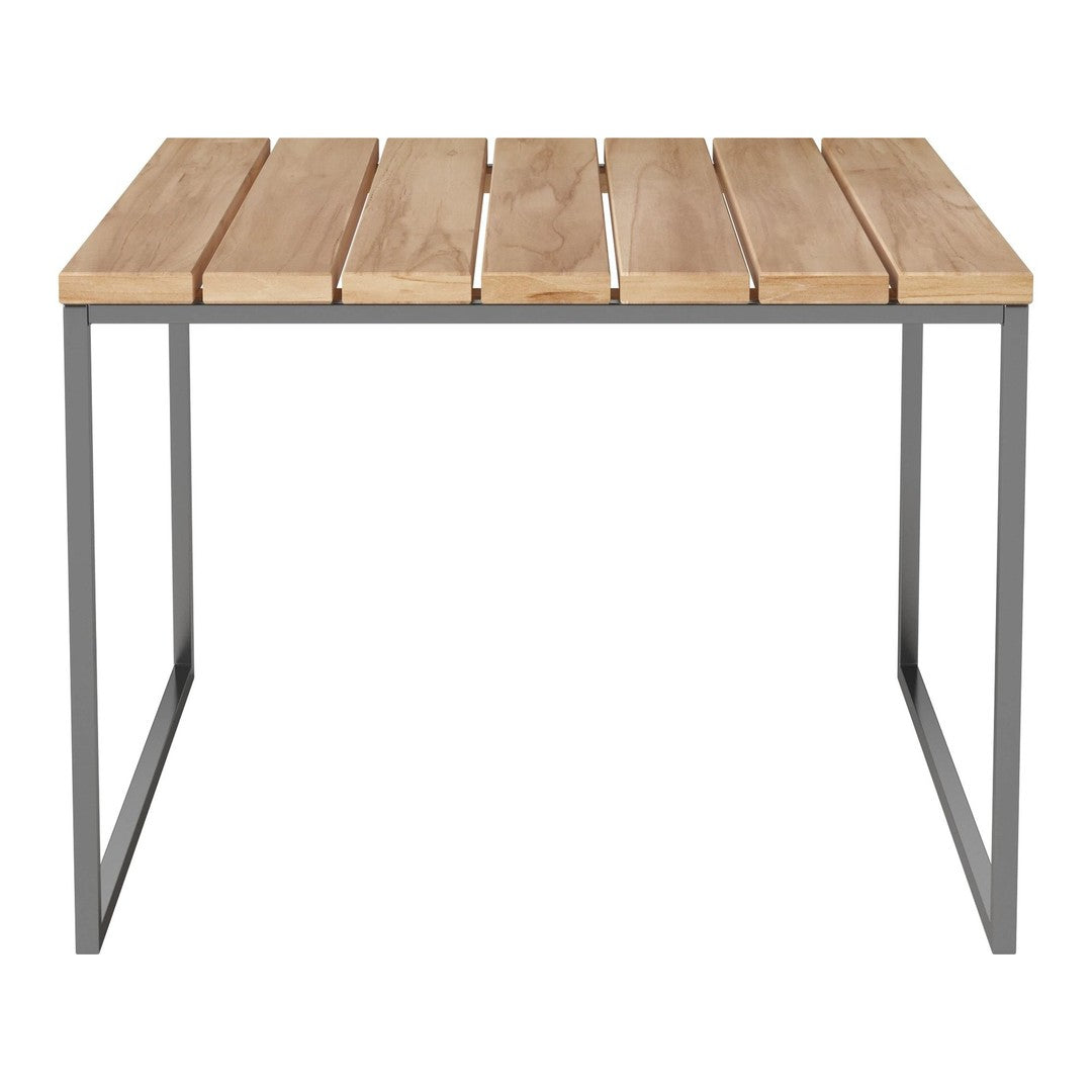 Natural wood slatted tabletop with a light finish, paired with a sleek gray metal frame. Minimalist design.