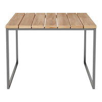 Natural wood slatted tabletop with a light finish, paired with a sleek gray metal frame. Minimalist design.