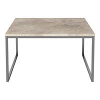 Gray marble top with natural veining on a simple metallic frame, perfect for modern decor.