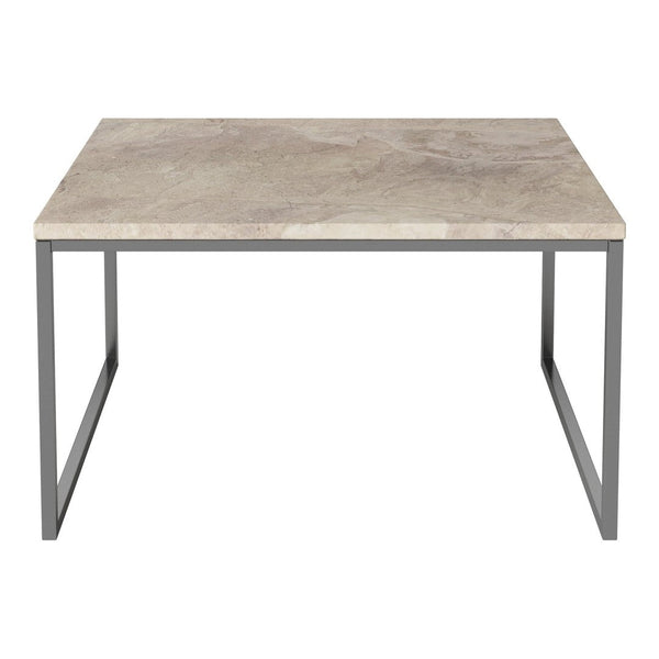 Gray marble top with natural veining on a simple metallic frame, perfect for modern decor.